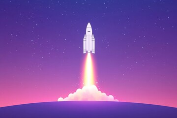 Fototapeta premium Space rocket launching against starry night sky with colorful gradient background