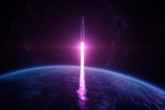 Spacecraft launching into purple-hued space above earth
