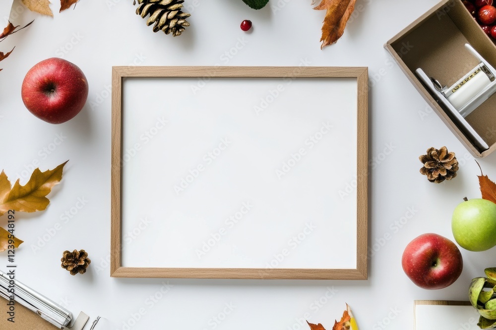 Poster Autumn themed workspace with decorative elements and an empty frame ready for creativity or planning. Generative AI