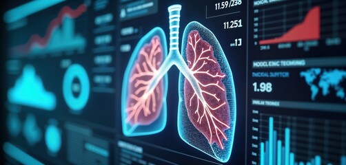 Futuristic medical screen shows 3D model of lungs. Virtual diagnostic tech analyzes respiratory health. Data visualization displays lung function metrics. Advanced tech assists in pneumonia