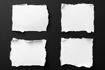 Four torn pieces of blank white paper on black background