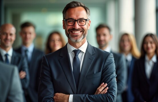 Confident business leader stands in front of supportive team. Corporate environment suggests hiring event company presentation. Potential team members await behind. Smiling man in suit pro,