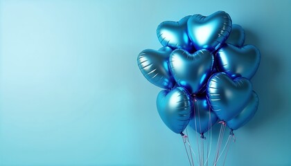 Fototapeta premium Bunch of blue heart-shaped foil balloons float against light blue backdrop. Festive, romantic image. Suitable for celebrations like Valentine Day, birthdays, anniversaries. Elegant decoration for