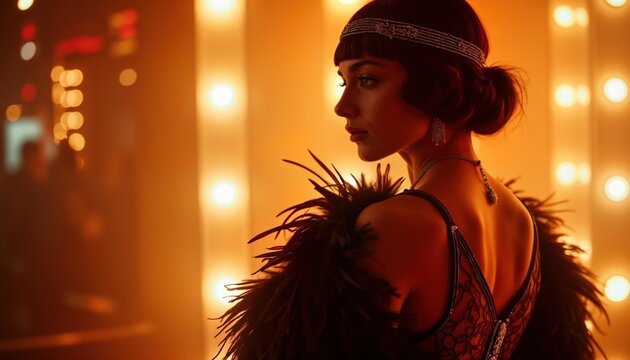 Elegant flapper woman poses as cabaret dancer. Roaring twenties style. Wears stylish dress with feathers, sparkly jewelry. Dramatic lighting. Vintage fashion. Attractive retro fashion. Glamourous