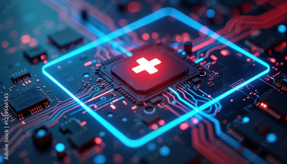 Poster Futuristic medical tech interface displays on high-tech circuitry. Modern healthcare innovation. Advanced tech system. Biometric data displayed. Wearable tech integrated. Digital display. Chip