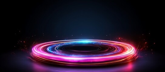 Obraz premium Neon Circular Light Trails on Dark Background, Abstract Energy Vortex