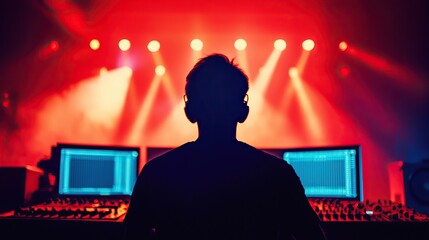 Fototapeta premium Sound engineer working at a live concert during an electrifying performance with vibrant lighting