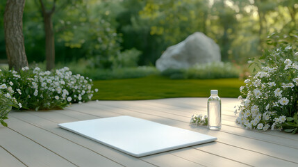 Fototapeta premium A yoga mat and bottle on a serene garden deck, surrounded by lush greenery and flowers