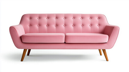Modern pink sofa with button tufting, showcasing elegant design and wooden legs in minimalist setting