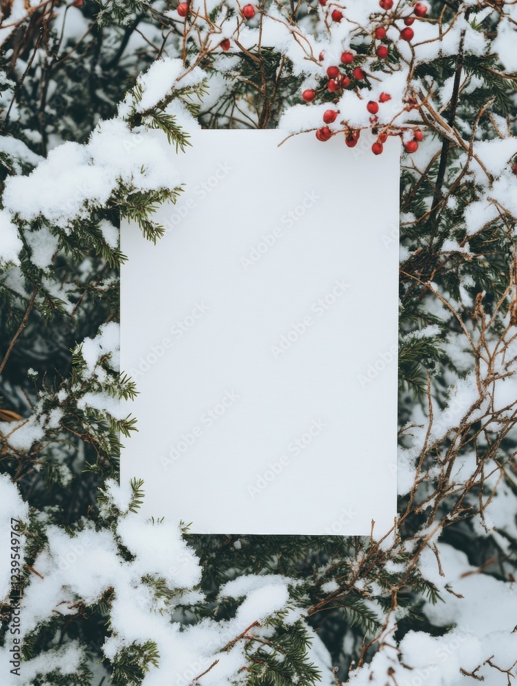 Poster blank paper resting among snow covered pine branches and red berries on a winter day in a serene out