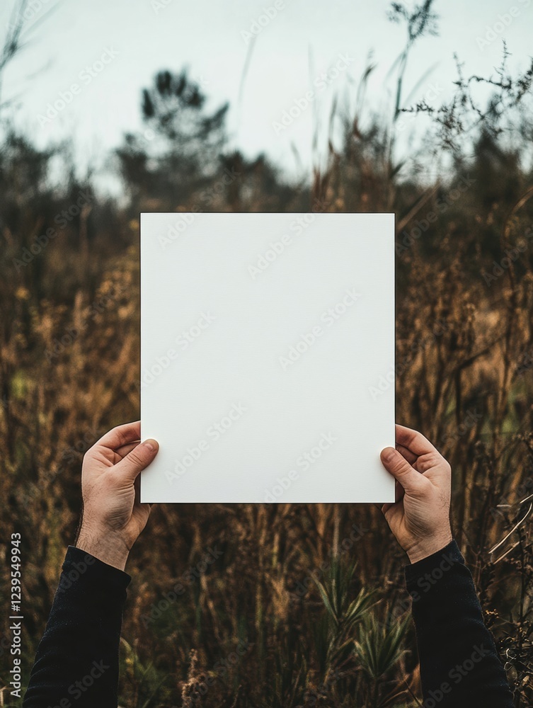 Aufkleber white blank canvas held in hands against a natural backdrop of tall grasses and trees. generative ai