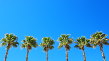 Naklejka premium Lush palm trees stand tall against a vibrant blue sky during a sunny day in a tropical setting