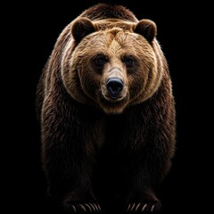 Fototapeta premium Front view of brown bear isolated on black background. Portrait of Kamchatka bear (Ursus arctos beringianus)