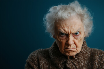Expression of discontent captured in a close-up of an elderly woman's face with striking white hair and intense eyes