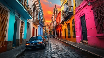 Vibrant street in a historical city with colorful facades at sunset