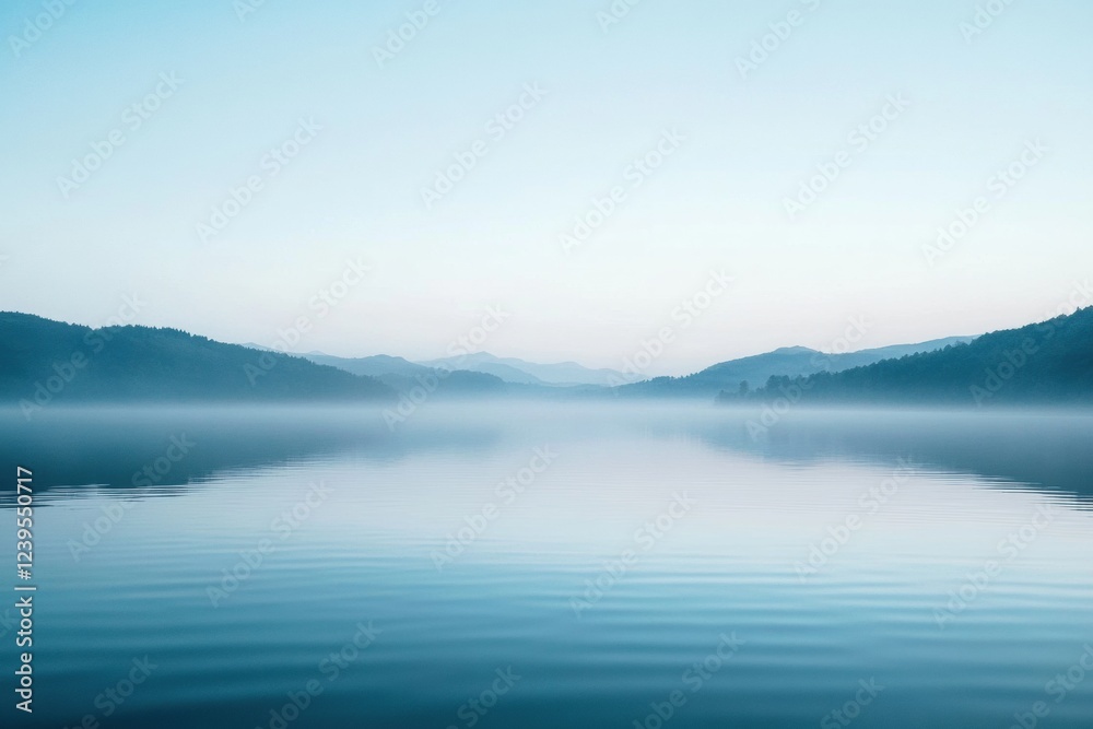 Poster serene morning on a calm lake surrounded by misty mountains with gentle ripples reflecting the soft 