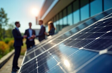 Business people discuss sustainable energy solutions near solar panels outside modern office building on sunny day. Professionals collaborate on eco-friendly energy strategies. Collaborative scenario