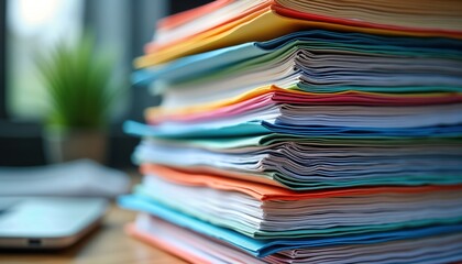 Close-up stack of colorful folders, documents. Organized files show systematic approach to work. Neat paperwork indicates planned, efficient workspace. Modern office style with papers, folders,