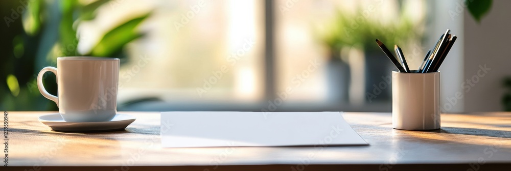 Aufkleber Workspace with coffee cup and empty paper on wooden table in sunlit room surrounded by plants. Generative AI