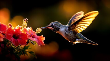 Naklejka premium hummingbird hovers gracefully as it drinks nectar from bright red hibiscus flower amid lush tropical garden illuminated warm sunlight.