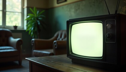 Retro tv with blank screen in living room. Vintage interior summer design. Old house style. Closeup. Wooden table. Leather armchairs. Quiet scene in home. Timeless tech. Nostalgia. Home decor.