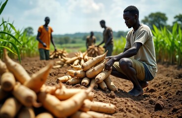 African farmers harvest cassava roots in sunny rural field. Group of men work together. Hard work, teamwork. Rural agriculture scene. Cassava crop in Nigeria. Agricultural produce. Dedicated workers