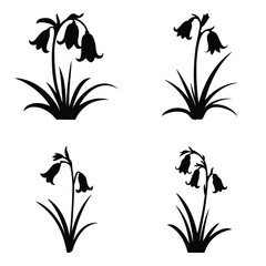 Elegant black and white silhouette illustrations of four small bell-shaped bluebell flowers with grass, ideal for spring-themed design projects or decorative elements.