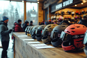 Ski helmets displayed in rental shop with customers filling forms in cozy winter setting.