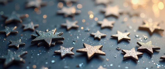 A captivating array of glittering stars is artfully scattered across a soft, shimmering surface, creating a magical ambiance. The interplay of light and texture evokes a sense of wonder and