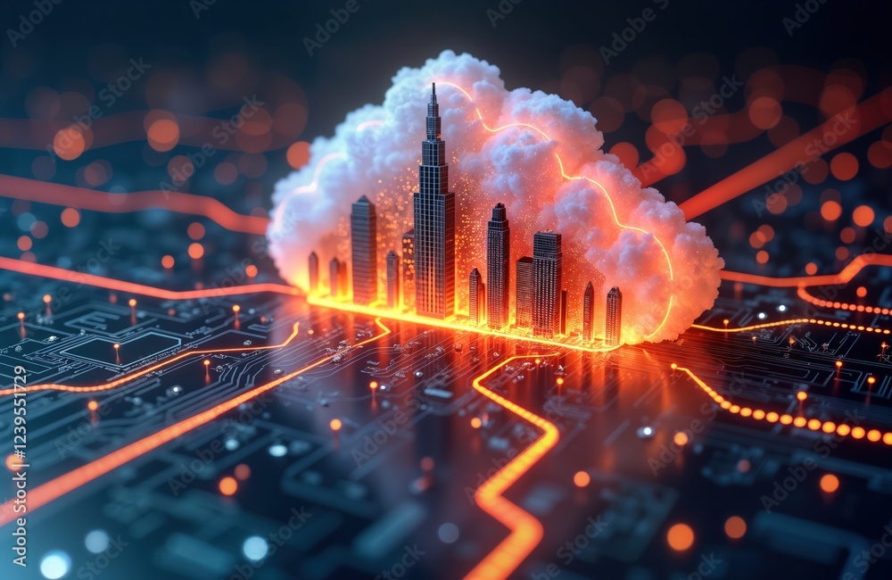 Fototapete Futuristic city model inside glowing cloud cloud computing. Digital tech infrastructure shown in circuit board style. Massive data transfer, global connection implied. Modern tech business concept.