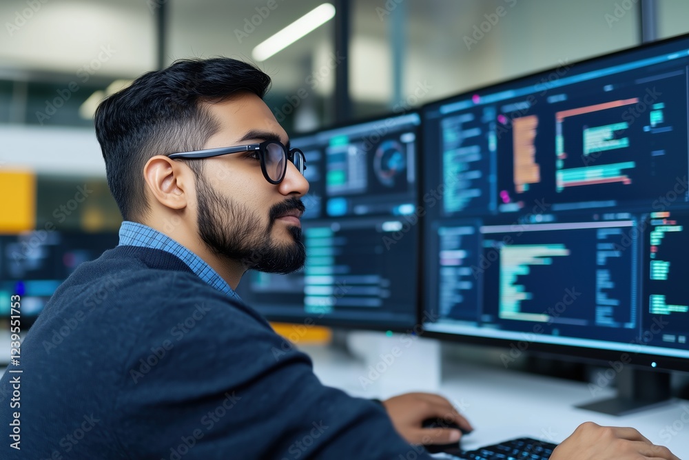 Poster young indian software engineer coding diligently on multiple monitors, immersed in programming tasks