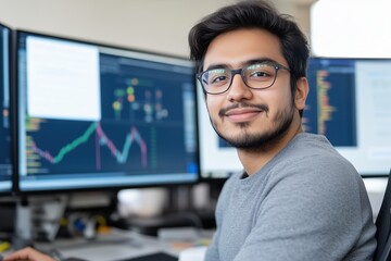 Young indian software engineer is smiling while working on his computer, with multiple screens displaying charts and code