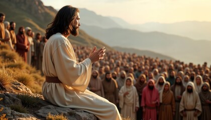 Jesus delivers inspirational sermon on hilltop to attentive diverse crowd. Serene atmosphere. Followers listen peacefully. Religious scene on hillside. Inspiring spiritual moment. New Testament story