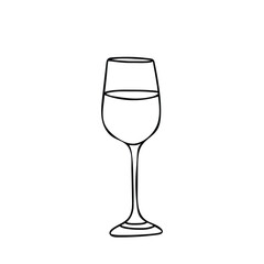 White Wine Glass. Hand drawn Vector illustration, line art. Alcohol Beverage Glassware in Doodle style. For Bar menu, logo, cards or poster design.