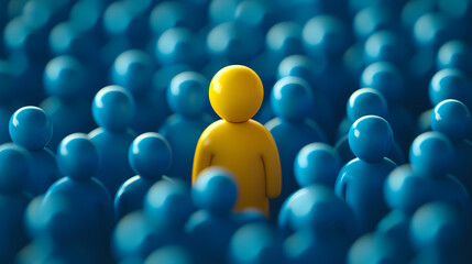 A distinctive yellow figure catches the eye among a sea of blue figures. Unconventional Perspectives. Illustration