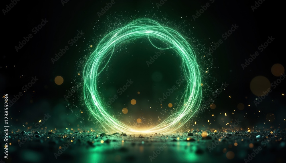Aufkleber dynamic abstract illustration with bright green circle frame. sparkling neon energy effect. swirling