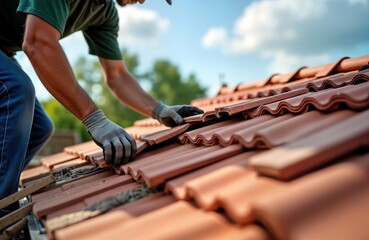 Man in working clothes replaces damaged roof tiles with new ones on a house rooftop. Closeup view of hands and tools during roof maintenance. Outdoor renovation work. Home improvement in progress.