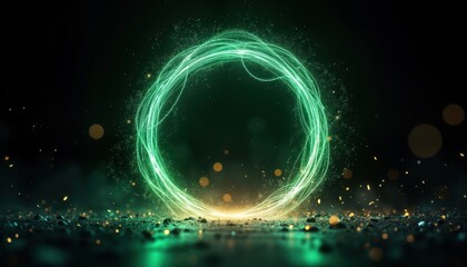 Obraz premium Dynamic abstract illustration with bright green circle frame. Sparkling neon energy effect. Swirling lines, glowing particles. Futuristic, magical energy. Modern design with blurred background. Ideal