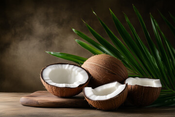Fresh coconuts and palm leaves arranged on a wooden surface in a tropical setting