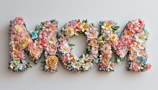 Floral "MOM" for Mother's Day: The word "MOM" is beautifully crafted from a variety of flowers, creating a heartfelt and decorative piece perfect for Mother's Day. - Powered by Adobe