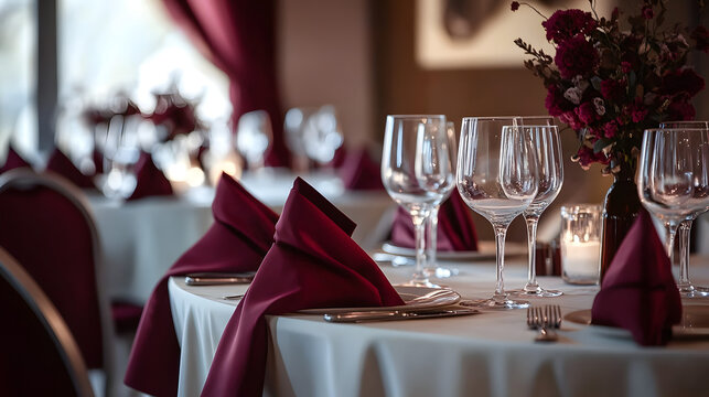 Elegant banquet table setting with burgundy accents.