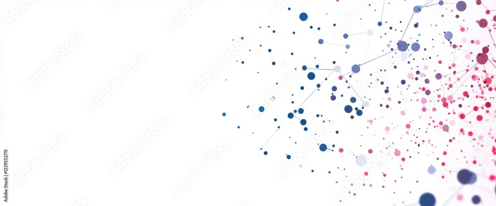 Poster white background with colorful dots and lines in the shape of connections or networks on one side, r