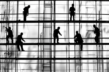 Construction workers performing tasks on scaffolding at a tall building during daylight hours