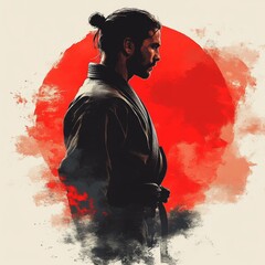 Ilustración de un luchador de artes marciales de perfil, poster de un karateka en combate