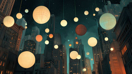 Capture the essence of urban innovation by portraying luminous floating spheres amidst a surreal cityscape, all from an unconventional low perspective. Unconventional Perspectives. Illustration
