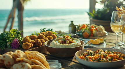 A lavish spread of Mediterranean food on a beachside table. Hummus, falafel, pita bread, and fresh vegetables are featured, with a sparkling ocean backdrop.