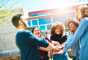 Fototapeta premium Students, smile or hands in huddle in outdoor campus meeting for college group or teamwork. People, happy or university friends in school collaboration for learning and education study for support