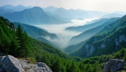 Tranquil mountain panorama rich forests, misty valleys. Layered mountain ranges descend into valley shrouded in fog. Sunlight filters through trees casting dappled shadows. Rocky outcrop provides