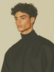 Obraz premium Male fashion concept. Portrait of a handsome american young male model wearing black designer clothes and posing on white background. Catalogue, campaign style. Studio shot