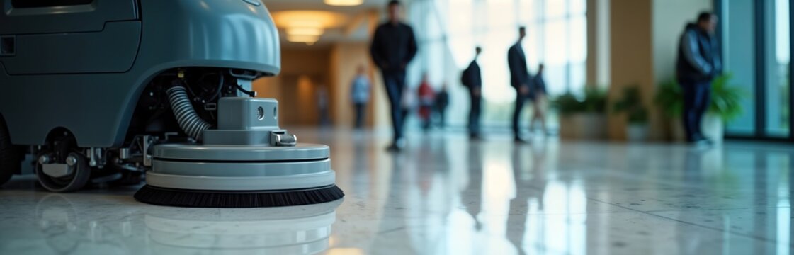 Industrial floor cleaning machine works on polished marble floor in office building. People walk around in background. Professional maintenance equipment for cleaning. Modern housekeeping tool